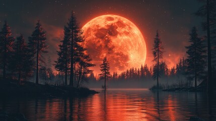 Red moon rising above a treeline by a calm lake, twilight hues, silhouetted pine trees, warm atmospheric lighting, natural reflections, tranquil setting.
