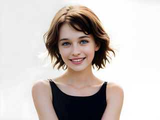 backlit portrait of a young woman smiling on white background