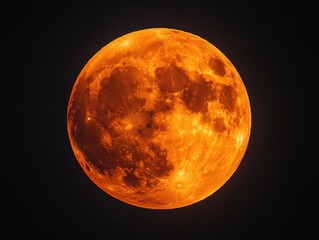 Red moon glowing against black sky, close-up view, detailed surface textures.
