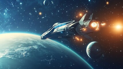 Naklejka premium A futuristic spaceship flies through a starry sky, past a planet and moon, with a bright star in the distance.