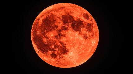 Full red moon detailed surface, black night sky, craters and shadows.
