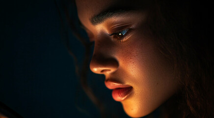 close up of a young mixed race woman . in the dark, with a slight bokeh background behind her, her face is lit by the faint blue light of her phone that shes looking at with deep interest