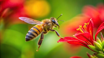 Fototapeta premium Close-up of a bee flying over vibrant red flowers with blurred green leaves in background