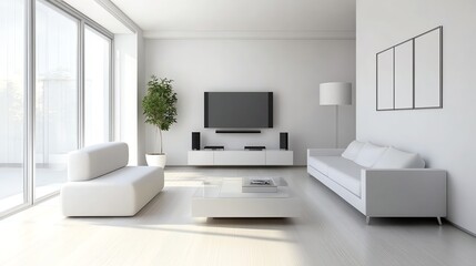 A modern living room with white walls, furniture, and floors, featuring a flat-screen TV and a floor lamp.