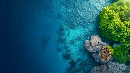 Fototapeta premium Stunning aerial perspective showcasing the vibrant colors and intricate patterns of a lush coral reef system thriving in the crystal clear turquoise waters of a remote tropical ocean location
