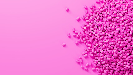 Closeup top view on pink plastic polypropylene granules heap on pink backdrop, masterbatch polymer grain pile. HDPE or PVC resin pellets. 3d render illustration