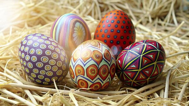happy easter monday with 5 eggs with different motifs on the straw