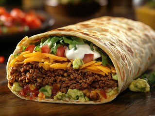 Large burrito filled with seasoned ground beef, shredded lettuce, diced tomatoes, cheddar cheese, and sour cream, wrapped in a golden grilled tortilla, cut open to show the delicious layers
