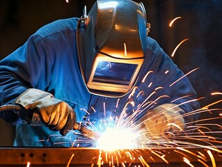 an experienced welder working on metal welding in protective gloves and a protective mask, in a circle of sparks from an experienced