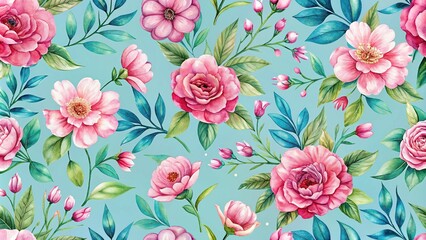 watercolor painting of pink flowers and leaves on blue background