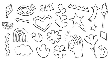 Hand drawn simple elements set. Children's naive drawings with a black pen. Vector illustration isolated on white background.