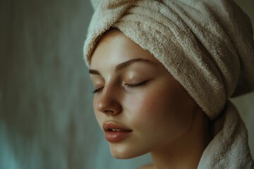 Obraz premium A serene moment of a woman with closed eyes wrapped in a towel showcasing natural beauty