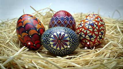 happy easter monday with 4 different colored eggs on a haystack