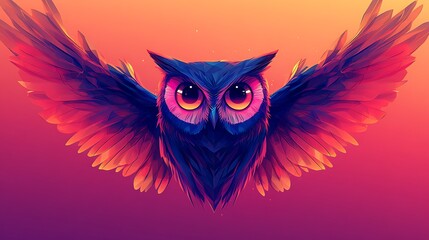 Fototapeta premium Abstract owl illustration with symmetrical features and geometric shapes, large round eyes and straight lines for wings, set against a soft gradient background. Smooth and clean lines, no shading,
