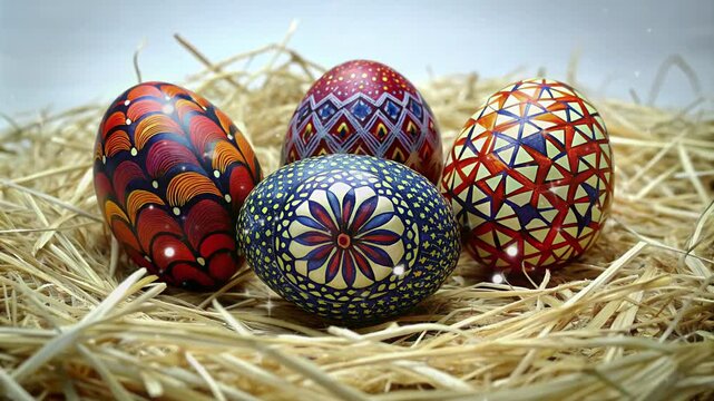 happy easter monday with 4 different colored eggs on a haystack