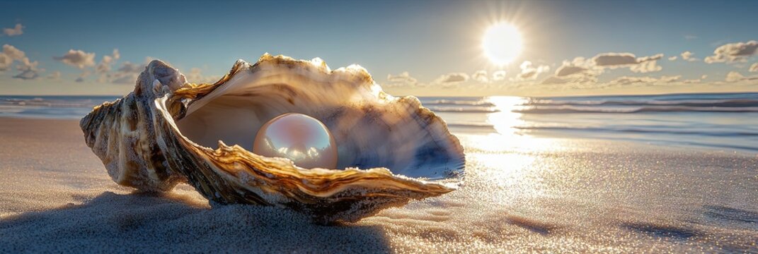 large luminescent pearl in oyster shell, sandy beach, bright sunny day - Powered by Adobe