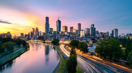 Obraz premium Breathtaking aerial view of a vibrant city skyline at dusk with glimmering lights illuminating the modern high rise buildings and skyscrapers