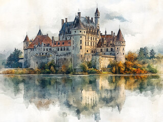  a watercolor painting of a castle with a moat. The castle has a tall tower with a pointed roof and two turrets. The moat is filled with water. The painting is done in an impressionistic style.