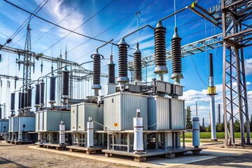 Close-up of a modern power plant with voltage regulation and high voltage transformers