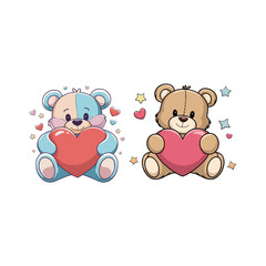 Cute Teddy Bears Holding Hearts Vector Illustration