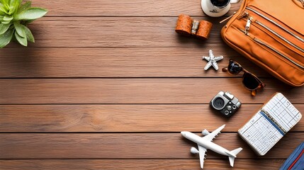 Flat lay arrangement showcasing a variety of essential travel items and accessories neatly organized on a rustic wooden background representing the and excitement of an upcoming journey or adventure
