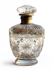 An elegant vintage perfume bottle exhibits masterful artistry with its detailed designs and timeless allure against a pristine white backdrop.