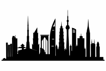 Fototapeta premium Dubai City Skyline Silhouette, City Buildings Black Silhouette Vector, Dubai Skyline Cityscape Silhouette