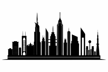 Dubai City Skyline Silhouette, City Buildings Black Silhouette Vector, Dubai Skyline Cityscape Silhouette