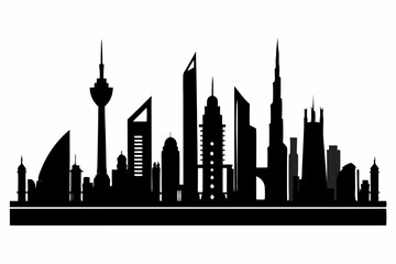 Obraz premium Dubai City Skyline Silhouette, City Buildings Black Silhouette Vector, Dubai Skyline Cityscape Silhouette