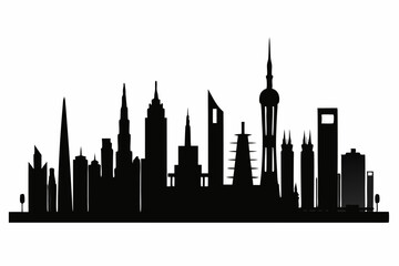 Obraz premium Dubai City Skyline Silhouette, City Buildings Black Silhouette Vector, Dubai Skyline Cityscape Silhouette
