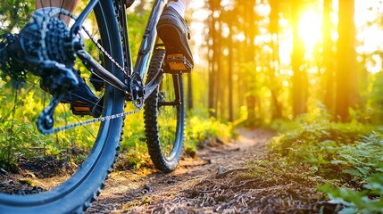 Fototapeta premium Adventurous mountain biker riding along a winding trail through the lush verdant woods navigating the rugged terrain with skill and