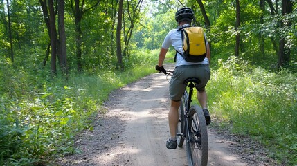 Naklejka premium Adventurous Mountain Biker Navigating a Winding Trail Through the Lush Verdant Forest Landscape