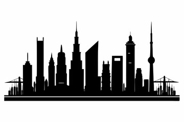 Obraz premium Dubai City Skyline Silhouette, City Buildings Black Silhouette Vector, Dubai Skyline Cityscape Silhouette