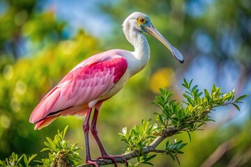 Closeup of a Roseate spoonbill perched in a tree