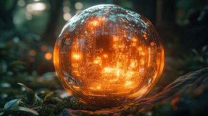 A glowing orb sits in a mossy forest, reflecting a cityscape within.