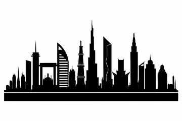 Obraz premium Dubai City Skyline Silhouette, City Buildings Black Silhouette Vector, Dubai Skyline Cityscape Silhouette