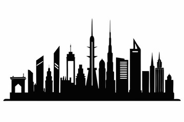 Fototapeta premium Dubai City Skyline Silhouette, City Buildings Black Silhouette Vector, Dubai Skyline Cityscape Silhouette