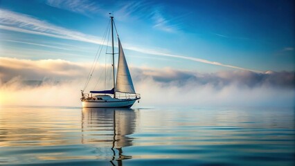 Close-Up of a solo sailing boat on the sea and misty background