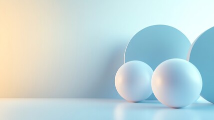 Fototapeta premium Minimalist product display with two white spheres and blue circle, backlit with warm and cool lighting.