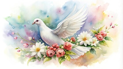 Fototapeta premium watercolor painting of white dove surrounded by flowers