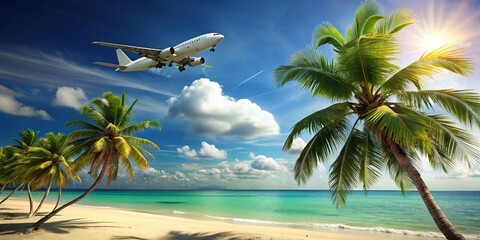 Close-up of a tropical palm tree with an airplane in the background on a paradise island