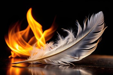 Obraz premium Close-up of a white feather on fire against black background, representing passion and transformation