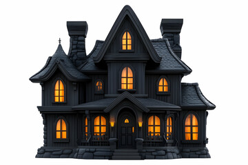 3D Render of a Black Haunted House with Glowing Windows