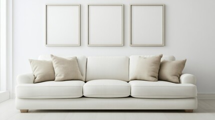 A minimalist living room featuring a white sofa with decorative pillows and empty frames.
