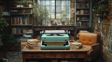 A vintage typewriter sits on a wooden desk in a cozy library with bookshelves and a leather armchair.
