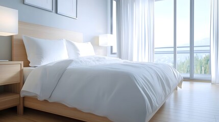 Tranquil and Minimalist Bedroom Interior with Serene Natural Lighting Crisp White Linens and a Calming Relaxing Atmosphere