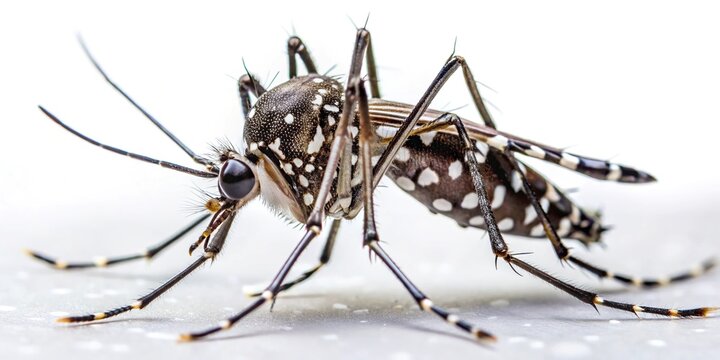 Close-up of Aedes aegypti mosquito pernilongo with white spots and white background
