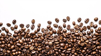 Scattered coffee beans reveal their deep brown hues and intriguing textures, ideal for aficionados and culinary creatives.