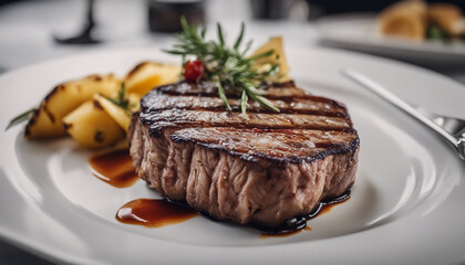 Perfectly grilled steak on a white plate at a luxury restaurant, set against a bright background.