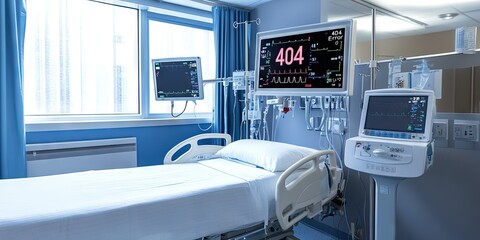vital signs monitor, hospital room, modern, clean, "404 Error" text on screen